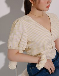V Neck Gingham Crop Blouse with Puff Sleeves and Smocked Waistband