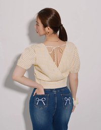 V Neck Gingham Crop Blouse with Puff Sleeves and Smocked Waistband