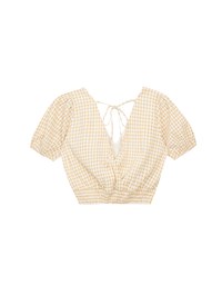 V Neck Gingham Crop Blouse with Puff Sleeves and Smocked Waistband