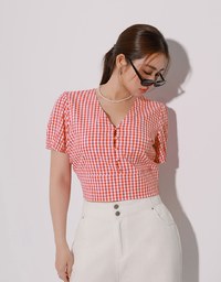 V Neck Gingham Crop Blouse with Puff Sleeves and Smocked Waistband