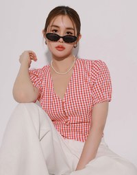 V Neck Gingham Crop Blouse with Puff Sleeves and Smocked Waistband