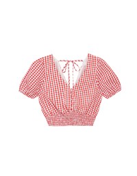 V Neck Gingham Crop Blouse with Puff Sleeves and Smocked Waistband
