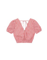 V Neck Gingham Crop Blouse with Puff Sleeves and Smocked Waistband
