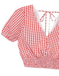 V Neck Gingham Crop Blouse with Puff Sleeves and Smocked Waistband