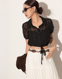 Dot Pattern Floral Lace Embroidered Puff Sleeve Cropped Shirt with Drawstring Hem