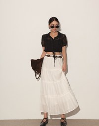 Dot Pattern Floral Lace Embroidered Puff Sleeve Cropped Shirt with Drawstring Hem