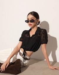 Dot Pattern Floral Lace Embroidered Puff Sleeve Cropped Shirt with Drawstring Hem