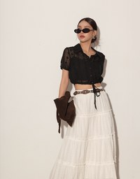 Dot Pattern Floral Lace Embroidered Puff Sleeve Cropped Shirt with Drawstring Hem