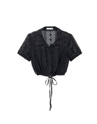 Dot Pattern Floral Lace Embroidered Puff Sleeve Cropped Shirt with Drawstring Hem