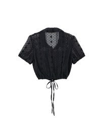 Dot Pattern Floral Lace Embroidered Puff Sleeve Cropped Shirt with Drawstring Hem