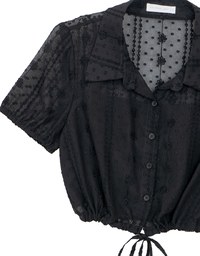 Dot Pattern Floral Lace Embroidered Puff Sleeve Cropped Shirt with Drawstring Hem