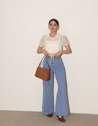 Dot Pattern Floral Lace Embroidered Puff Sleeve Cropped Shirt with Drawstring Hem