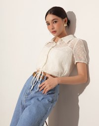 Dot Pattern Floral Lace Embroidered Puff Sleeve Cropped Shirt with Drawstring Hem