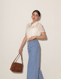 Dot Pattern Floral Lace Embroidered Puff Sleeve Cropped Shirt with Drawstring Hem