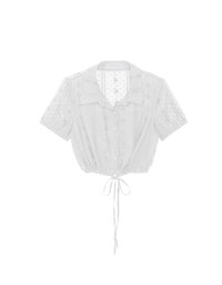 Dot Pattern Floral Lace Embroidered Puff Sleeve Cropped Shirt with Drawstring Hem