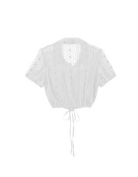 Dot Pattern Floral Lace Embroidered Puff Sleeve Cropped Shirt with Drawstring Hem
