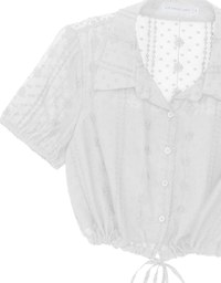 Dot Pattern Floral Lace Embroidered Puff Sleeve Cropped Shirt with Drawstring Hem