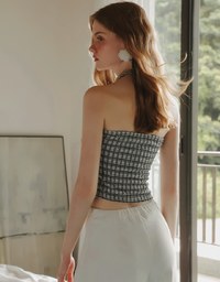 Elegant Tweed Check Textured Strapless Padded Cropped Tube Top