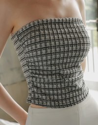 Elegant Tweed Check Textured Strapless Padded Cropped Tube Top
