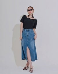2WAY不對稱領口綁帶羅紋短TEE