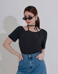 2WAY不對稱領口綁帶羅紋短TEE