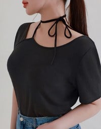 2WAY不對稱領口綁帶羅紋短TEE