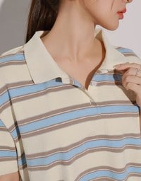 Oversized Polo Knit Top with Retro Stripes– Cream