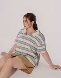 Oversized Polo Knit Top with Retro Stripes– Cream