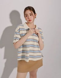 Oversized Polo Knit Top with Retro Stripes– Cream