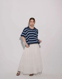 Oversized Polo Knit Top with Retro Stripes– Navy