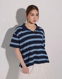 Oversized Polo Knit Top with Retro Stripes– Navy