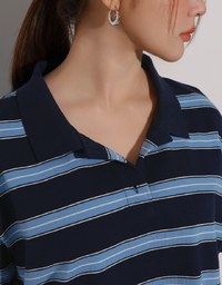 Oversized Polo Knit Top with Retro Stripes– Navy