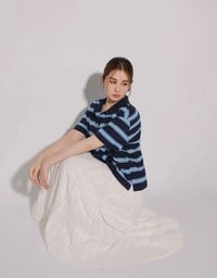 Oversized Polo Knit Top with Retro Stripes– Navy