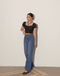 Textured Ruched Front Puff Sleeve Crop Top with Beaded Tie Straps
