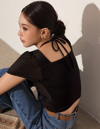 Textured Ruched Front Puff Sleeve Crop Top with Beaded Tie Straps