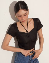 Textured Ruched Front Puff Sleeve Crop Top with Beaded Tie Straps