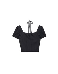 Textured Ruched Front Puff Sleeve Crop Top with Beaded Tie Straps