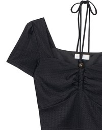 Textured Ruched Front Puff Sleeve Crop Top with Beaded Tie Straps