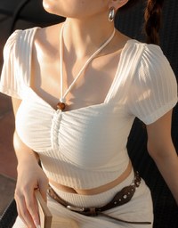 Textured Ruched Front Puff Sleeve Crop Top with Beaded Tie Straps