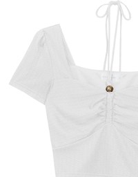 Textured Ruched Front Puff Sleeve Crop Top with Beaded Tie Straps
