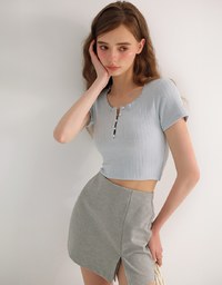 Lettuce Hem Textured Knit Cropped Top with Pearl Button Detail
