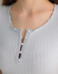 Lettuce Hem Textured Knit Cropped Top with Pearl Button Detail