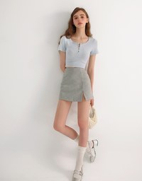Lettuce Hem Textured Knit Cropped Top with Pearl Button Detail