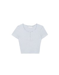 Lettuce Hem Textured Knit Cropped Top with Pearl Button Detail