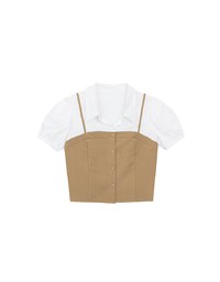 Faux 2 Piece Puff Sleeve Shirt with Buttoned Camisole Overlay