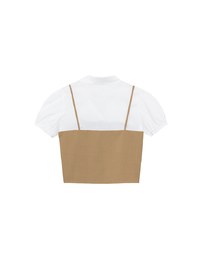 Faux 2 Piece Puff Sleeve Shirt with Buttoned Camisole Overlay