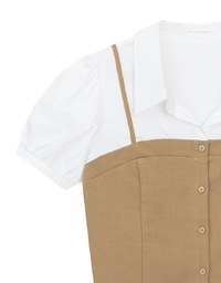 Faux 2 Piece Puff Sleeve Shirt with Buttoned Camisole Overlay