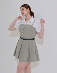 Faux 2 Piece Puff Sleeve Shirt with Buttoned Camisole Overlay