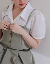 Faux 2 Piece Puff Sleeve Shirt with Buttoned Camisole Overlay