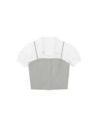 Faux 2 Piece Puff Sleeve Shirt with Buttoned Camisole Overlay